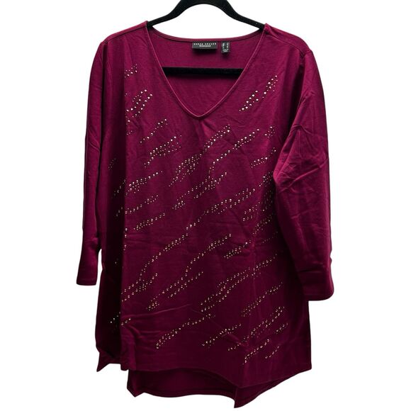 Susan Graver Weekend Maroon Studded 3/4 Sleeve Top Tunic Size Large New - Picture 1 of 7